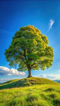 A realistic photo of Colorful abstract image of a single dominant deciduous tree on a hill