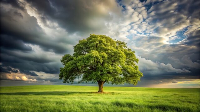 A realistic photo of Majestic English Walnut Tree Standing Tall in a Grassy Field Under a Cloudy Sky