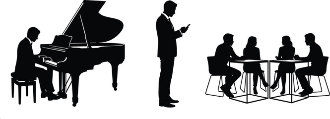 Black silhouette illustrations of pianist at grand piano, smartphone user, and group meeting representing modern lifestyle activities © MDMAHMUDUL