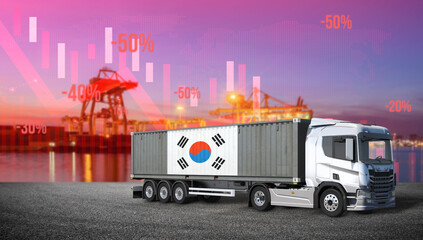 Global Trade in Crisis: A semi-truck, adorned with the South Korean flag, stands as a poignant symbol against a backdrop of declining trade indicators, port infrastructure, and sunset skies. © bao