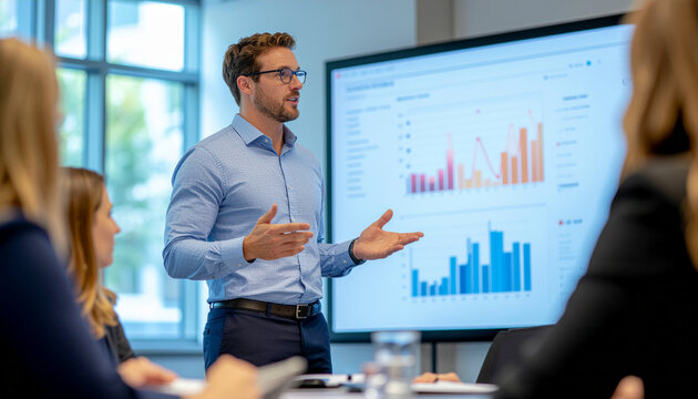 Professional businessman with glasses presenting data and leading a discussion in a modern corporate boardroom meeting, high quality business photograph