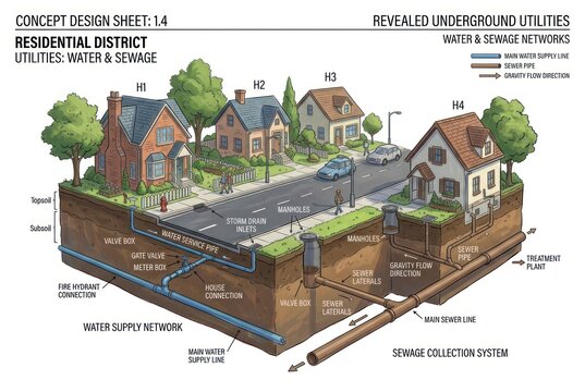 Underground Utility Infrastructure in Residential Neighborhood.