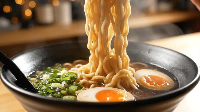 Delicious steaming hot ramen noodles being lifted from a deep black bowl filled with rich broth chopped green onions and perfectly cooked soft-boiled eggs evoking warmth and culinary delight. Ultra HD