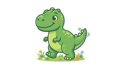Fototapeta premium Cute Happy Cartoon Dinosaur Character Standing on Grass.