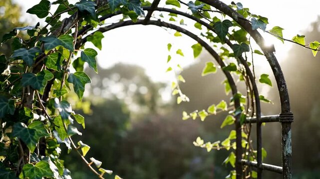 Sunlit ivy wrapped garden arch close up with rustic curved branches, fresh green leaves, soft woodland bokeh, warm morning glow, natural botanical entrance, peaceful outdoor garden pathway scene