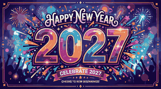 Bold colorful happy new year 2027 celebration design with fireworks and symbols in background