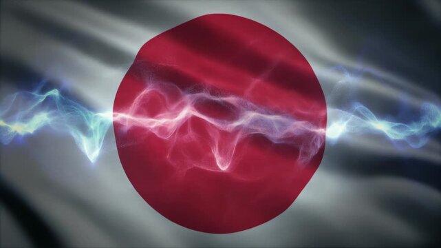日本国旗と巨大エネルギー波が広がる壮大な近未来背景