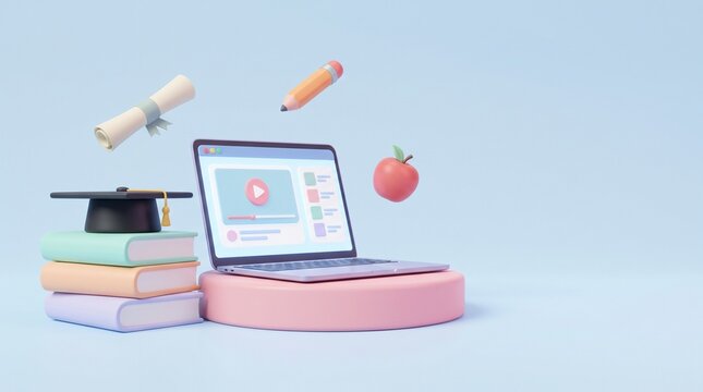  3D concept of online education and e-learning. Laptop with video course, stack of books, graduation cap, and floating school supplies on a pastel pink podium