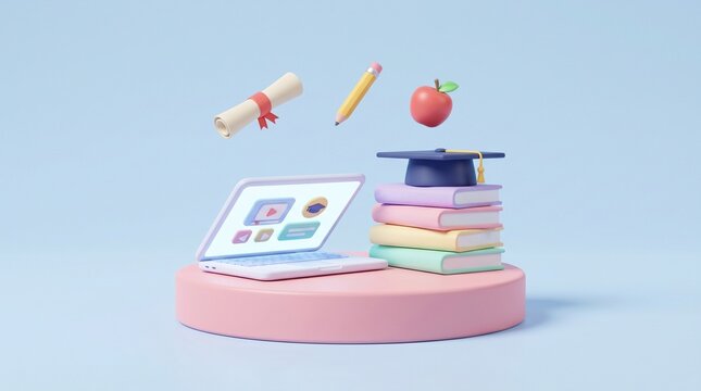 Conceito 3D de educa&ccedil;&atilde;o online e e-learning. Notebook, livros, capelo de formatura e materiais escolares sobre um p&oacute;dio rosa pastel.