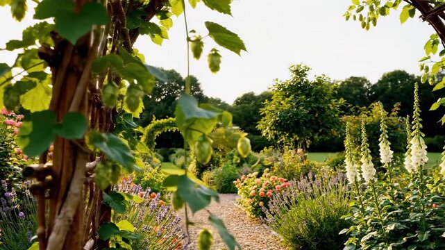 Cottage flower garden arch seen through leafy vine foreground with roses, lavender beds, foxglove blooms, gravel path, soft morning light, natural botanical gateway in a colorful landscaped garden