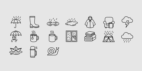 Icon set collection of rainy weather and autumn elements featuring umbrellas, rain boots, puddles, raincoats, and cozy indoor rainy day activities. © Raka Firdaus 