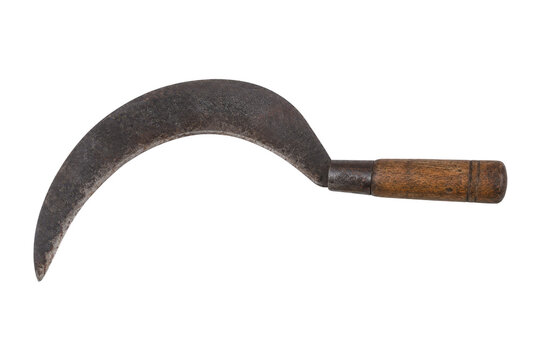 Antique curved sickle with wooden handle isolated on white background, traditional farming hand tool with aged metal blade and rustic craftsmanship