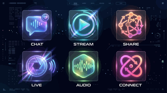 Abstract holographic social media logo design set features chat stream share live audio connect icons