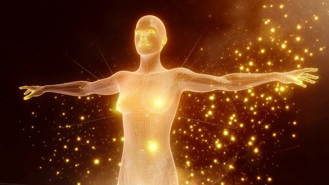 Glowing wireframe human figure emerging from radiant golden mist with outstretched arms futuristic visualization