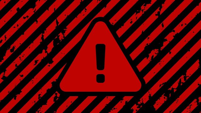 赤と黒の警告色の斜めなストライプ背景に三角形のビックリマークついた、危険やエラーを警告するループアニメーション素材。塗装が剥れたようなグランジテクスチャ