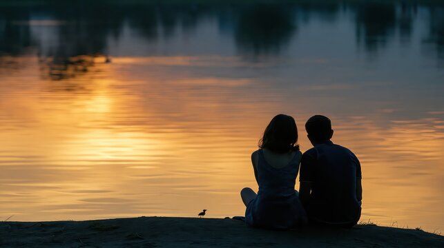 A couple sits by the water"s edge, watching a serene sunset reflecting on the calm lake surface.