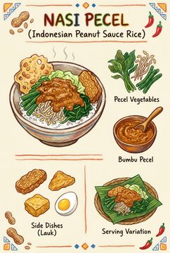 Delicious Indonesian Nasi Pecel Dish with Peanut Sauce and Vegetables.