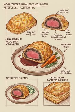 Detailed Culinary Illustration of Halal Beef Wellington with Plating and Ingredients.