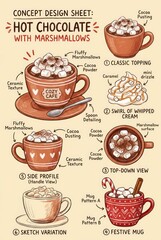 Fototapeta premium Detailed Concept Design Sheet of Hot Chocolate with Marshmallows and Various Toppings.
