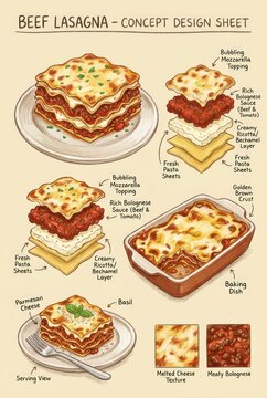 Detailed Illustration of Delicious Beef Lasagna Concept Design Sheet.