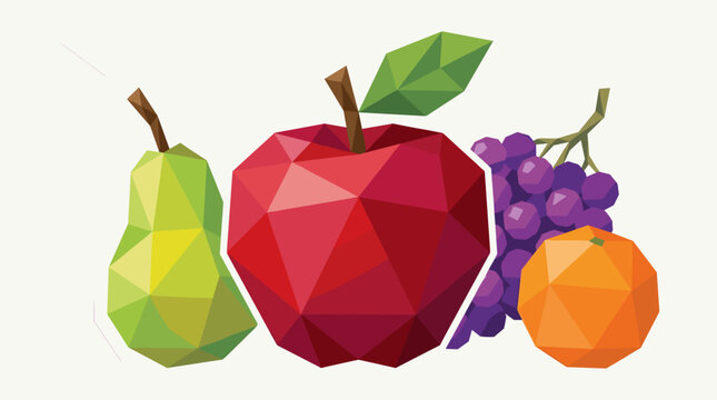 Low poly fruit illustration with apple pear grape and orange.