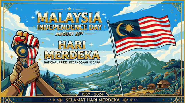 Hands holding a national flag with mountains and sky celebrating malaysia independence day august 31st with vibrant patriotic colors