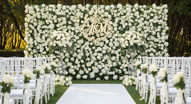 Wedding ceremony setup with white flowers and chairs outdoors on green lawn for marriage celebration
