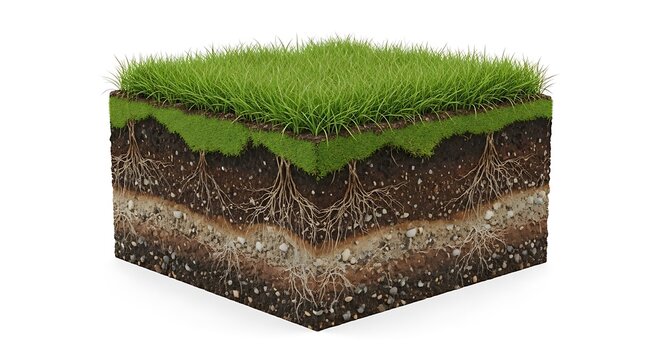 Soil layers with green grass on top.