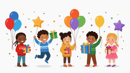 Fototapeta premium Children celebrating holiday with colorful balloons and gifts in joyful festive scene featuring kids, party, celebration with birthday and
