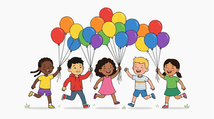 Fototapeta premium Children holding rainbow balloons in park, cheerful learning moment for family events, marketing campaigns, education promotions, social happiness