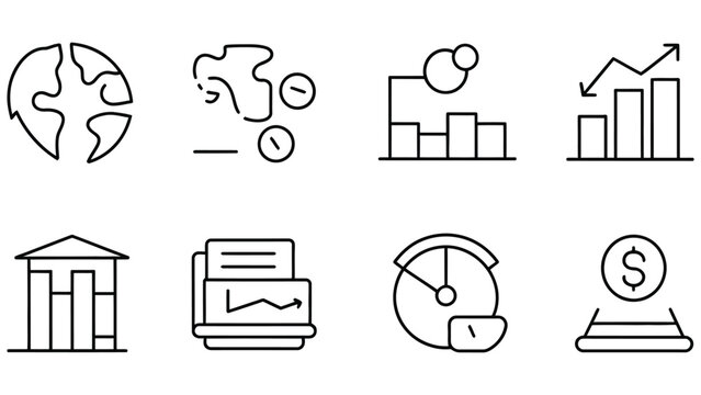 Collection of eight line art icons representing global finance business growth and time management concepts for digital use