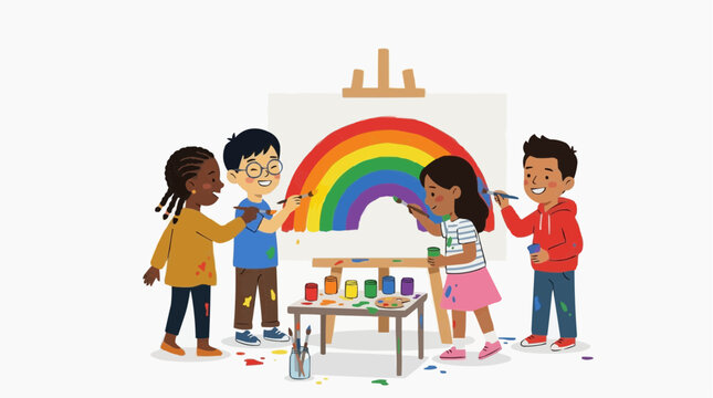 Children painting a rainbow mural with art supplies, colorful classroom creativity concept for education and learning engagement