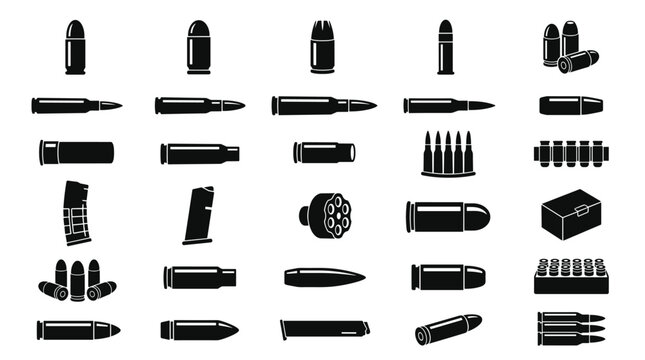Set of black and white ammunition icons for firearm accessories.