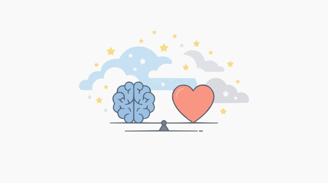 Brain and heart balanced on a scale, symbolizing emotional intelligence, logical thinking, and empathy for psychological well-being and