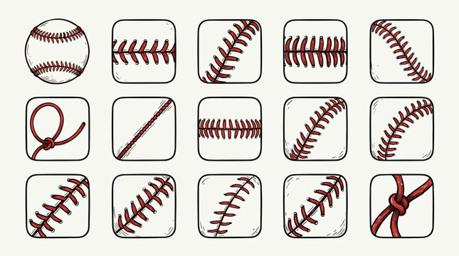 Set of baseball stitching patterns and ball icons.