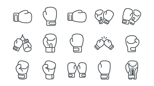 Set of boxing gloves thin line icons for sports training and combat competition.