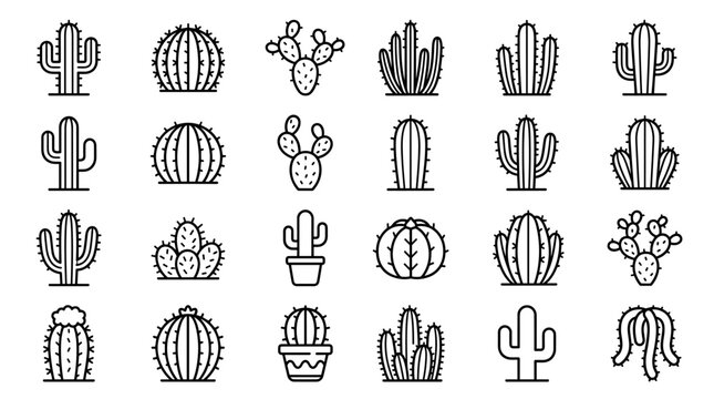 Set of cactus icons in thin line style.