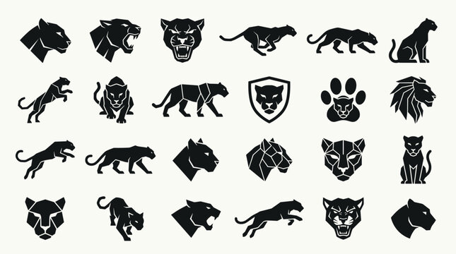 Set of black panther and leopard silhouette icons.