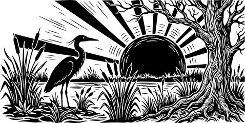 Fototapeta premium Heron Bird in Wetland at Sunrise Linocut Illustration