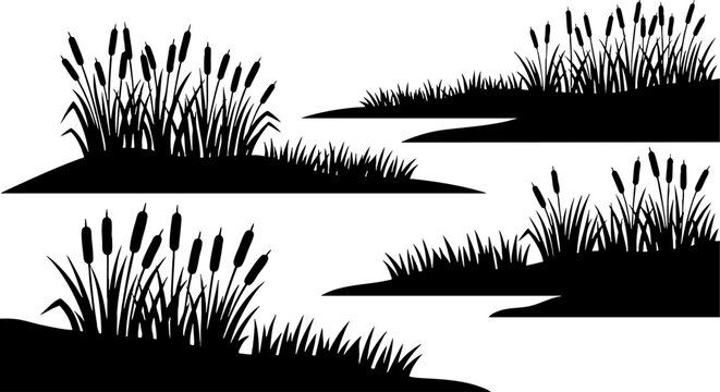 Black cattail and marsh grass silhouette collection