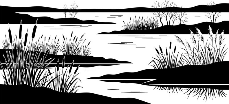 Black and white silhouette of a serene lake with bulrushes