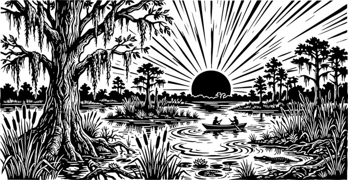 Black and White Swamp Illustration with Pirogue and Rising Sun