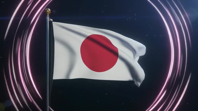 光輪に包まれ浮かび上がる幻想的な日本国旗