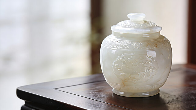 White Jade Lidded Jar with Phoenix & Scroll Carvings, Traditional Chinese Jade