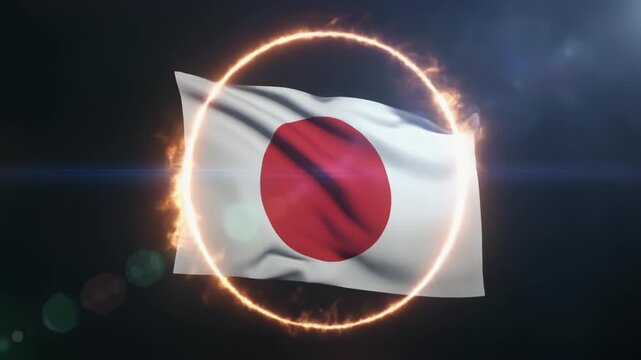 光輪に包まれ浮かび上がる幻想的な日本国旗