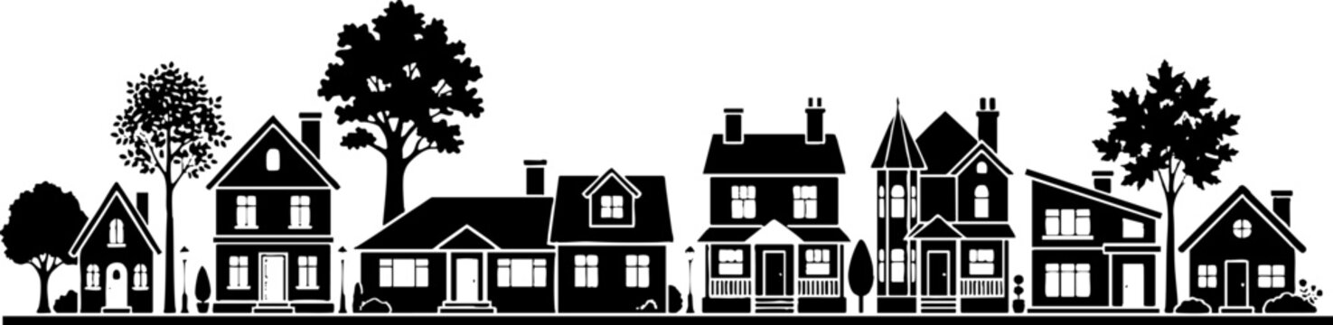 Black silhouette vector of suburban houses on a street