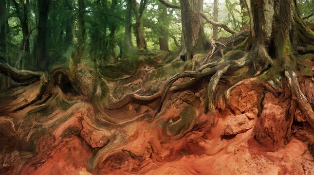 Deep forest with twisted tree roots on reddish clay soil background sunny atmosphere