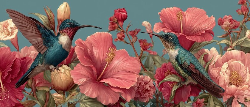 Hummingbird Illustration with Red and Burgundy Flowers in Detailed Botanical Floral Nature Artwork Design