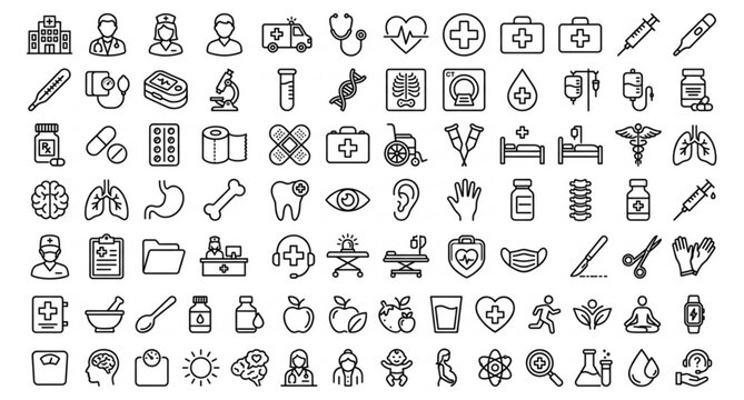 Healthcare linear outline icon set with medical and hospital symbols