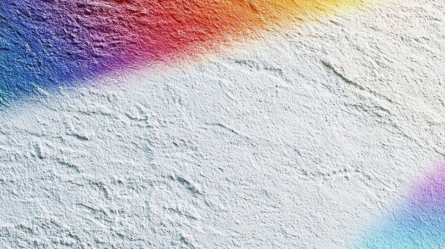 Abstract backdrop with rough white grainy texture and diagonal rainbow‑hued gradient band stretching upper left across top, blue‑purple soft glow gradient at bottom right, ideal for graphic design